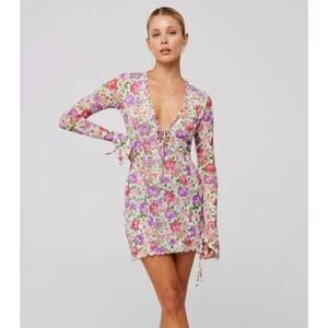 RESA Sloane Mesh Long-sleeved Short Mini Dress in Rose Vintage Floral Print XS